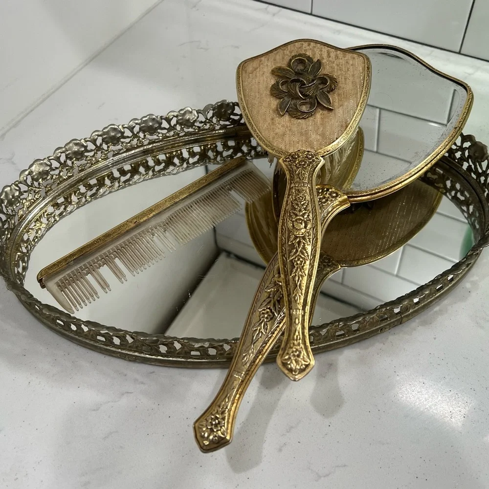 Gold Filigree Antique Vanity Hollywood Mirror Tray 4 Piece Set Victorian